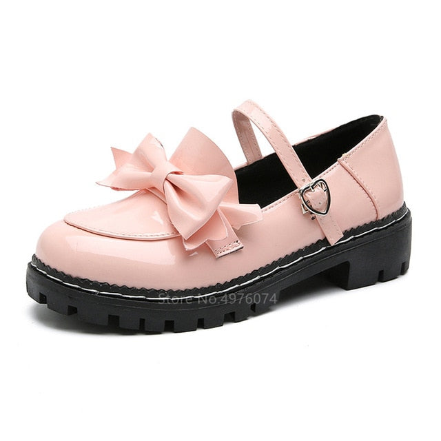 Japanese College Students Girls Round Toe Buckle Straps Bow Shoes Lolita JK Commuter Uniform Lovelive PU Leather Shoes 3 Colors